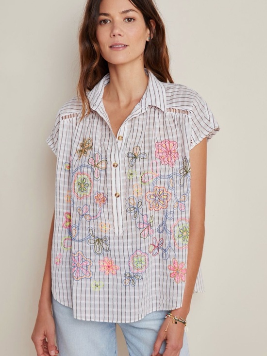 Pilcro Tops - Pilcro White Pinstripe Button Front Blouse with Multicolor Floral Embroidery